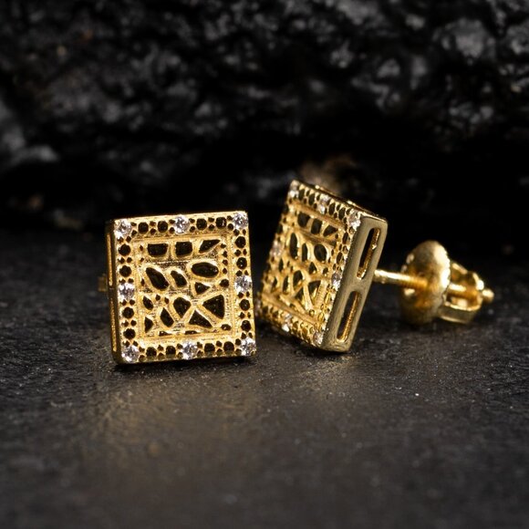 Mens 3D Iced Square 14K Gold Plated Nugget CZ Stud Screw back Stud Earrings - Picture 5 of 6